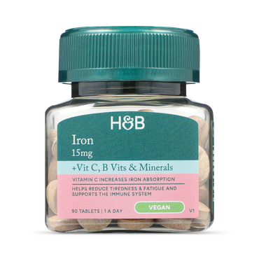 Holland and Barrett 15 მგ რკინა, ვიტამინ B, C და მინერალებთან ერთად, 90 ტაბლეტი