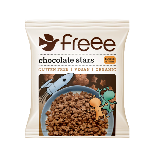 Doves Farm ხრაშუნა შოკოლადის ვარსკვლავები გემრიელი საუზმისთვის, გლუტენის გარეშე, 25 გრ